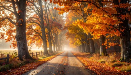 Autumnal Pathway Embroidered with Golden Leaves