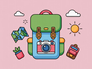 Colorful travel backpack with camera and map, cute adventure and tourism gear illustration, summer vacation equipment, hiking and journey essentials isolated on pastel background