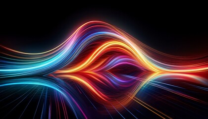 Obraz premium abstract curve light trails colorful luminous long exposure motion shape high speed light streaks effects on black reflection floor background