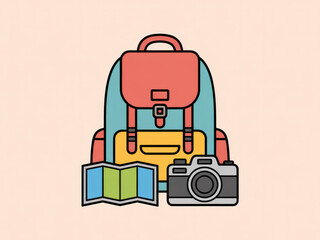 Colorful travel backpack with camera and map, cute adventure and tourism gear illustration, summer vacation equipment, hiking and journey essentials isolated on pastel background