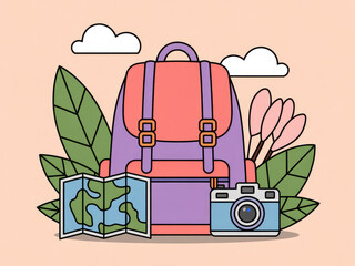 Colorful travel backpack with camera and map, cute adventure and tourism gear illustration, summer vacation equipment, hiking and journey essentials isolated on pastel background