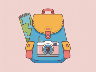Colorful travel backpack with camera and map, cute adventure and tourism gear illustration, summer vacation equipment, hiking and journey essentials isolated on pastel background