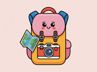 Colorful travel backpack with camera and map, cute adventure and tourism gear illustration, summer vacation equipment, hiking and journey essentials isolated on pastel background