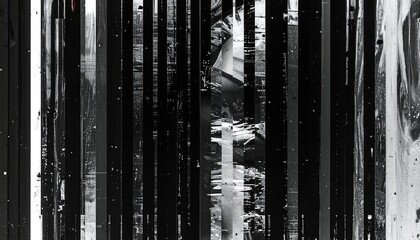Abstract image with vertical stripes and grayscale tones. Texture suggests water or paint blending, with glitches