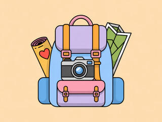 Colorful travel backpack with camera and map, cute adventure and tourism gear illustration, summer vacation equipment, hiking and journey essentials isolated on pastel background