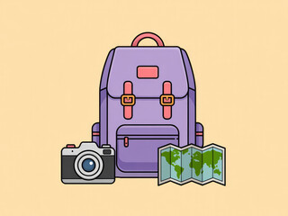 Colorful travel backpack with camera and map, cute adventure and tourism gear illustration, summer vacation equipment, hiking and journey essentials isolated on pastel background