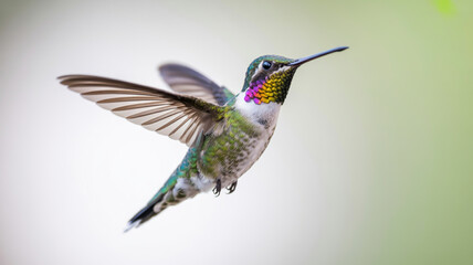 Naklejka premium A vibrant hummingbird in midflight, showcasing its iridescent feathers and delicate wings against a soft, blurred background