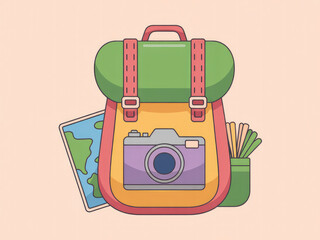 Colorful travel backpack with camera and map, cute adventure and tourism gear illustration, summer vacation equipment, hiking and journey essentials isolated on pastel background
