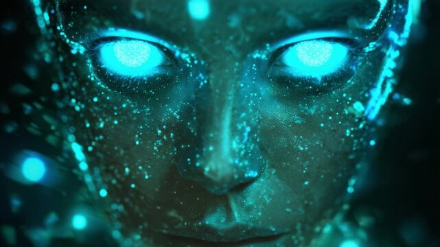 Mystical humanoid face with glowing blue particles and luminous eyes looking directly at the camera, representing an advanced alien intelligence, a spiritual deity, or a powerful AI concept
