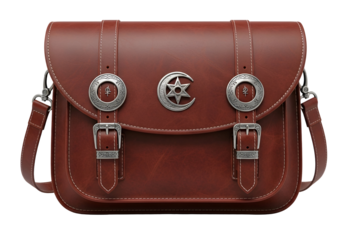 A rich brown leather messenger bag showcases intricate metal embellishments, including symbols of the moon and stars, adding a mystical charm.