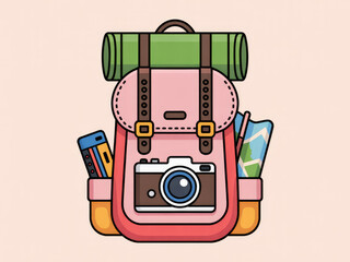 Colorful travel backpack with camera and map, cute adventure and tourism gear illustration, summer vacation equipment, hiking and journey essentials isolated on pastel background