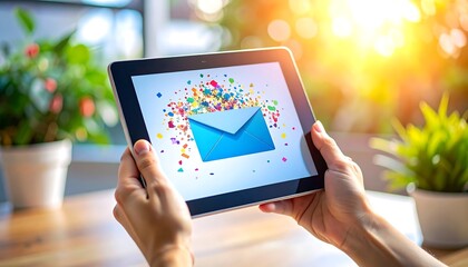 A tablet displays a blue envelope icon amidst colorful confetti, held by hands. Soft sunlight and greenery provide the backdrop