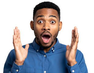 A surprised individual expressing astonishment with wide eyes and raised hands against a plain background.