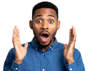 A surprised individual expressing astonishment with wide eyes and raised hands against a plain background.