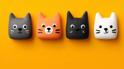 Obraz premium A row of four stylized 3D cats in different colors—gray, orange, black, and white—with simple, friendly expressions, arranged in a line against a bright orange background