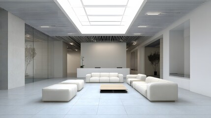 minimalist office lounge empty with sofa and table