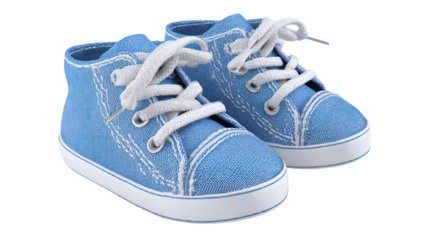 Pair of blue denim high top baby sneakers isolated on transparent background