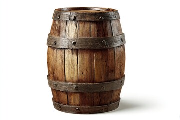 Old Wooden Barrel with Metal Bands on White Background for Rustic Decor
