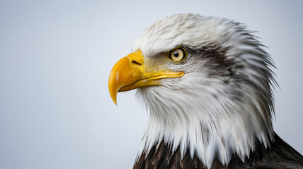 Obraz premium Closeup portrait of a majestic bald eagle against a soft background, highlighting its sharp gaze, powerful beak, and detailed feathers