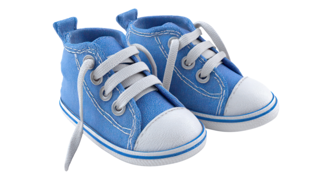 Pair of blue baby sneakers with white laces isolated on transparent background