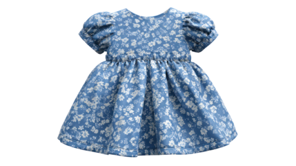 Blue floral print baby dress with puff sleeves isolated on transparent background