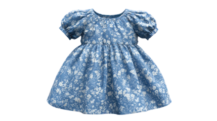 Blue floral print puff sleeve children s dress isolated on transparent background