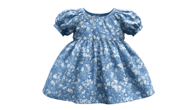 Blue floral print puff sleeve children s dress isolated on transparent background
