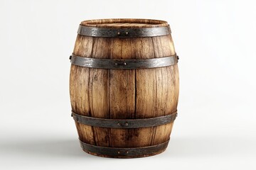 Wooden Barrel with Metal Bands on White Background