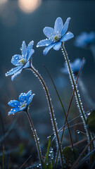 Close-Up of Dew-Covered Blue Flowers with Soft Background and Serene Mood