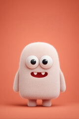 Fototapeta premium A cute and funny 3D illustration of a single, round monster. The creature is light beige, with a very soft, plush texture, and has a wide, happy smile showing two small fangs.