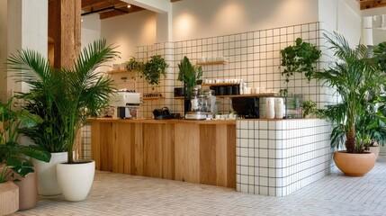 Modern cafe interior featuring a wooden espresso bar, white tiled walls, and tropical plants in ceramic pots
