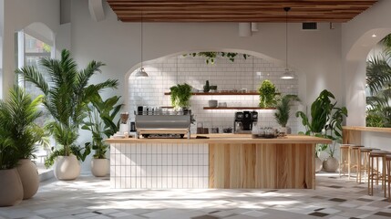 Modern cafe interior featuring a wooden espresso bar, white tiled walls, and tropical plants in ceramic pots