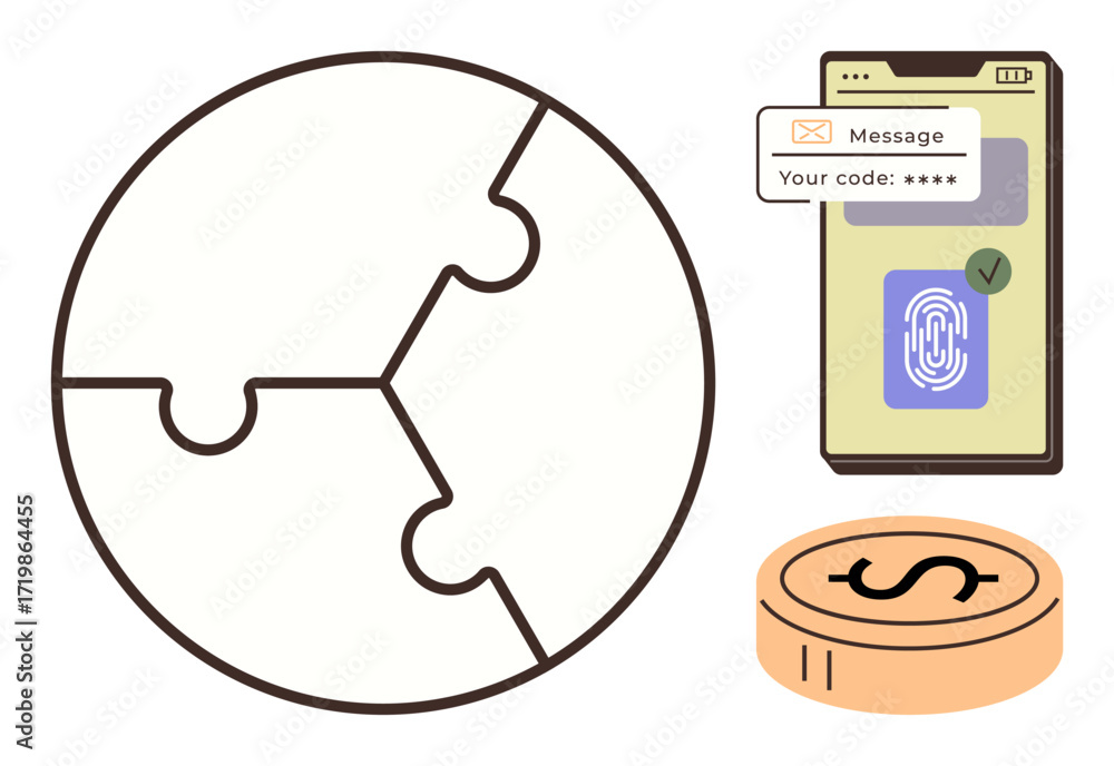 Poster puzzle globe, smartphone displaying code and fingerprint icon, and coin representing security, finan