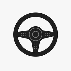 Minimalist black steering wheel icon with three spokes and central hub on light gray background
