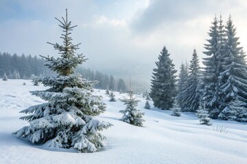Winter background. Christmas landscape with snow and fir trees.