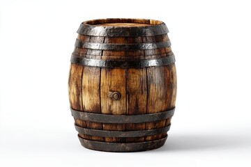 Vintage Wooden Barrel with Metal Bands in White Background