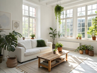Bright living room interior with white sofa plants and large windows