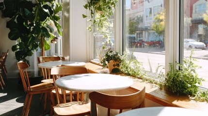 Fototapeta premium Warm cafe scene with white round tables, wooden chairs, and fresh green plants placed along the window sill