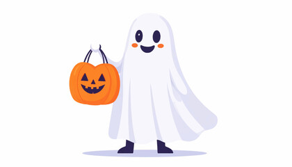 Fototapeta premium A friendly cartoon ghost joyfully holds a jack-o'-lantern pumpkin basket, ready for a fun night of trick-or-treating during the Halloween holiday celebration