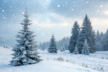 Naklejka premium Winter background. Christmas landscape with snow and fir trees.