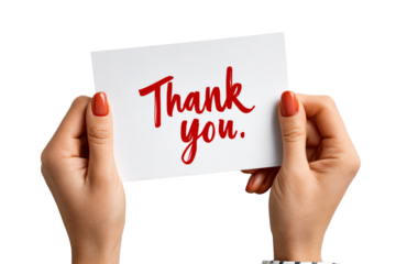 Hands holding a thank you card with red letters