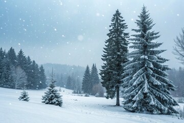 Fototapeta premium Winter background. Christmas landscape with snow and fir trees.