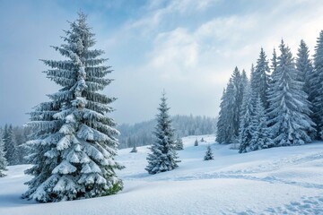Obraz premium Winter background. Christmas landscape with snow and fir trees.