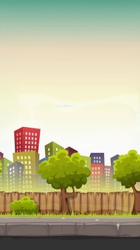 Seamless Vertical Street City With Parallaxe Effect/ Animation Loop of a cartoon seamless urban city landscape with fancy buildings and skyscrapers in portrait version