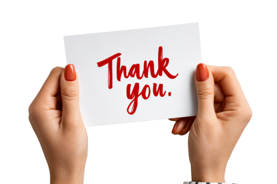 Hands holding a thank you card with red letters