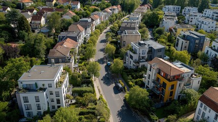 Obraz premium Vue aérienne d'un quartier résidentiel moderne avec immeubles colorés