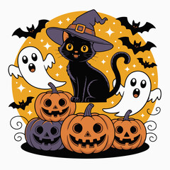Halloween-themed illustration featuring a black cat in a witch hat, smiling pumpkins, playful ghosts, and bats on an orange backdrop
