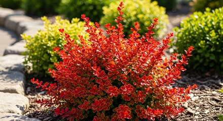 Naklejka premium Admiration Barberry Shrub in a Landscaped Garden, Showing Its Vibrant Red Leaves in Sunlight