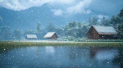 Tranquil rural village scene with wooden huts surrounded by lush greenery during a gentle snowfall over a calm water body in a serene mountain landscape