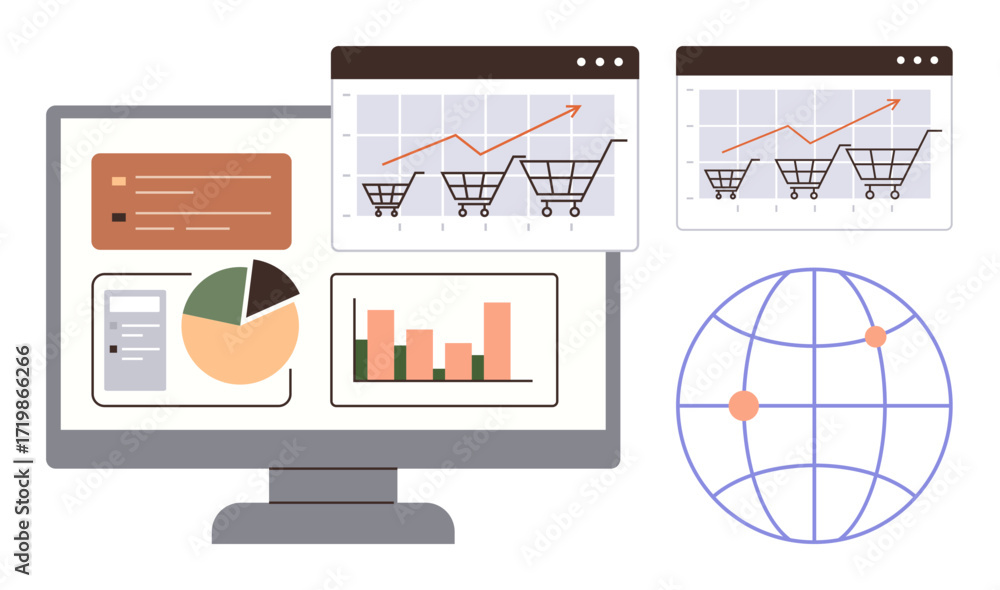 Poster computer screen displaying charts, graphs, and shopping cart analytics, illustrating online sales an